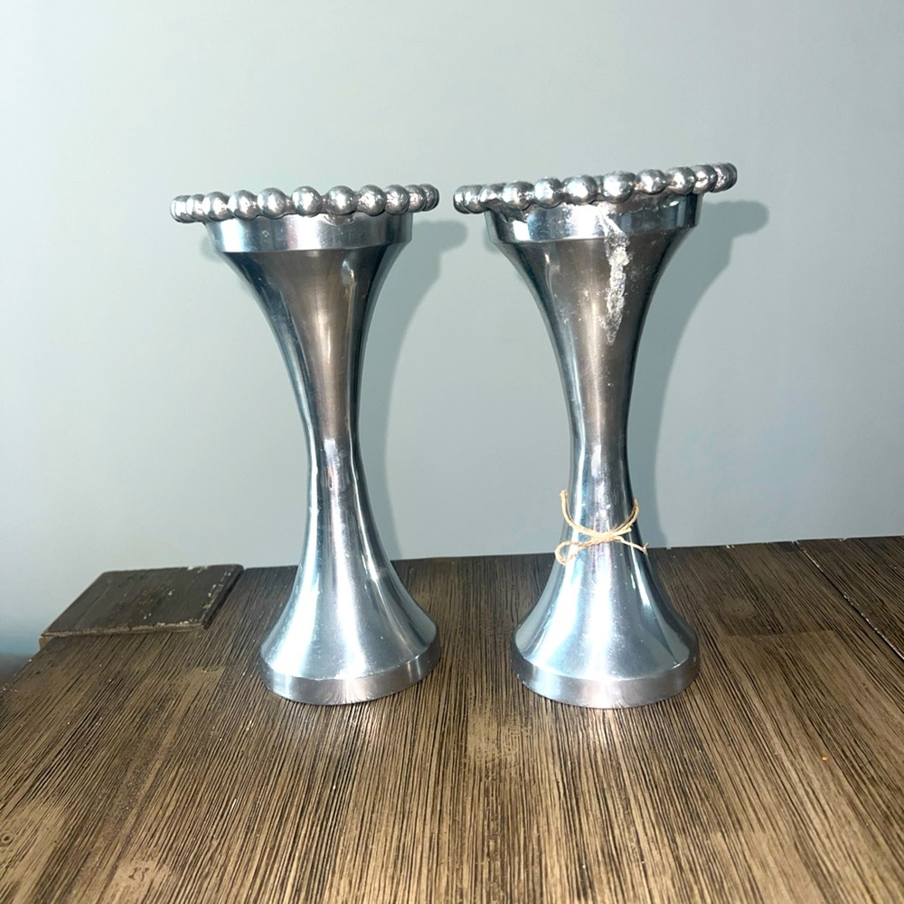 Set of 2 Silver bead tapered Candle Holders